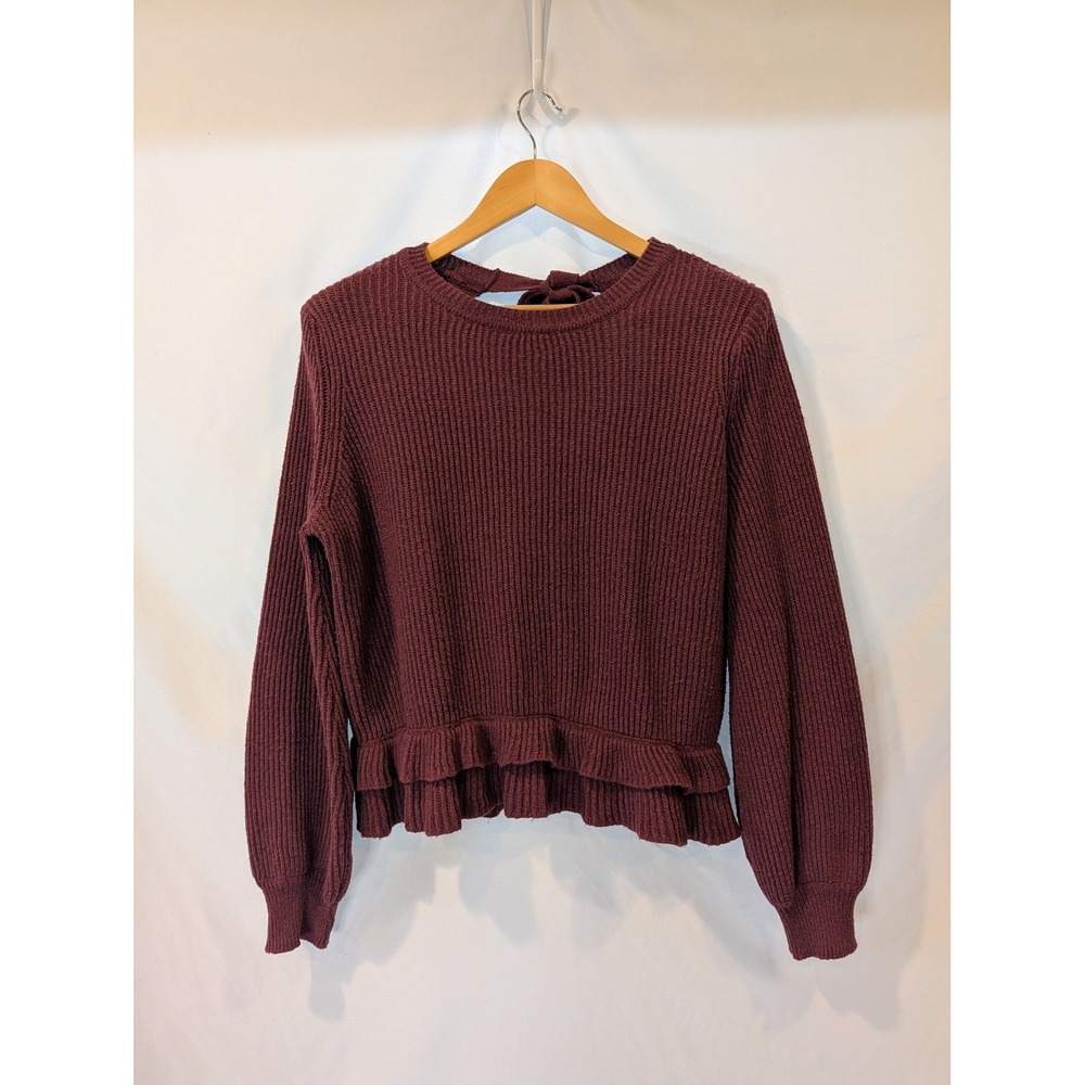 1.STATE Womens XL Burgundy Shaker Rib Knit Open Back Tie Ruffle Peplum Sweater